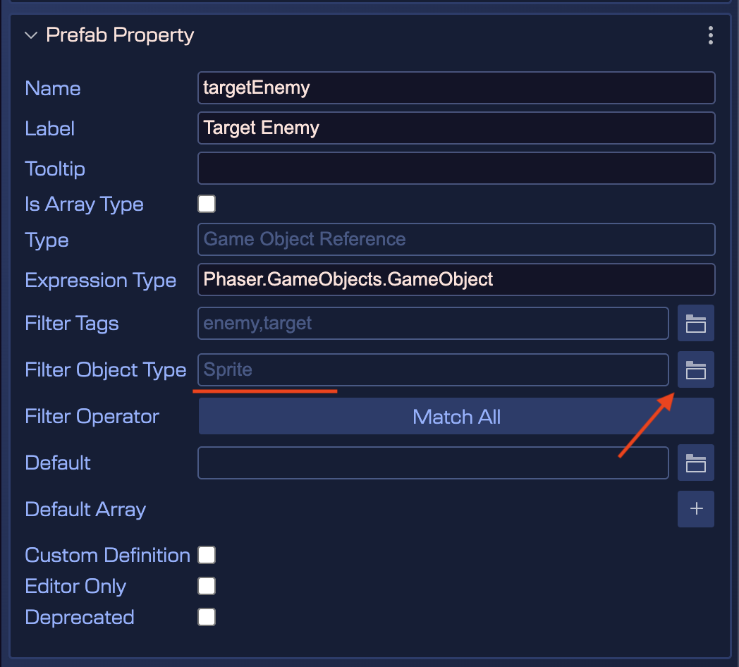 Set the game object type filter
