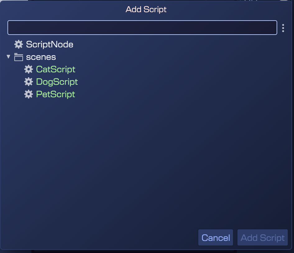 Add Script dialog filtering