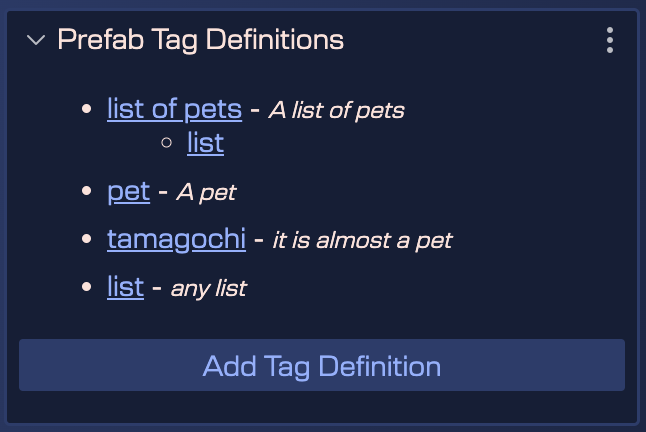 prefab tag definitions
