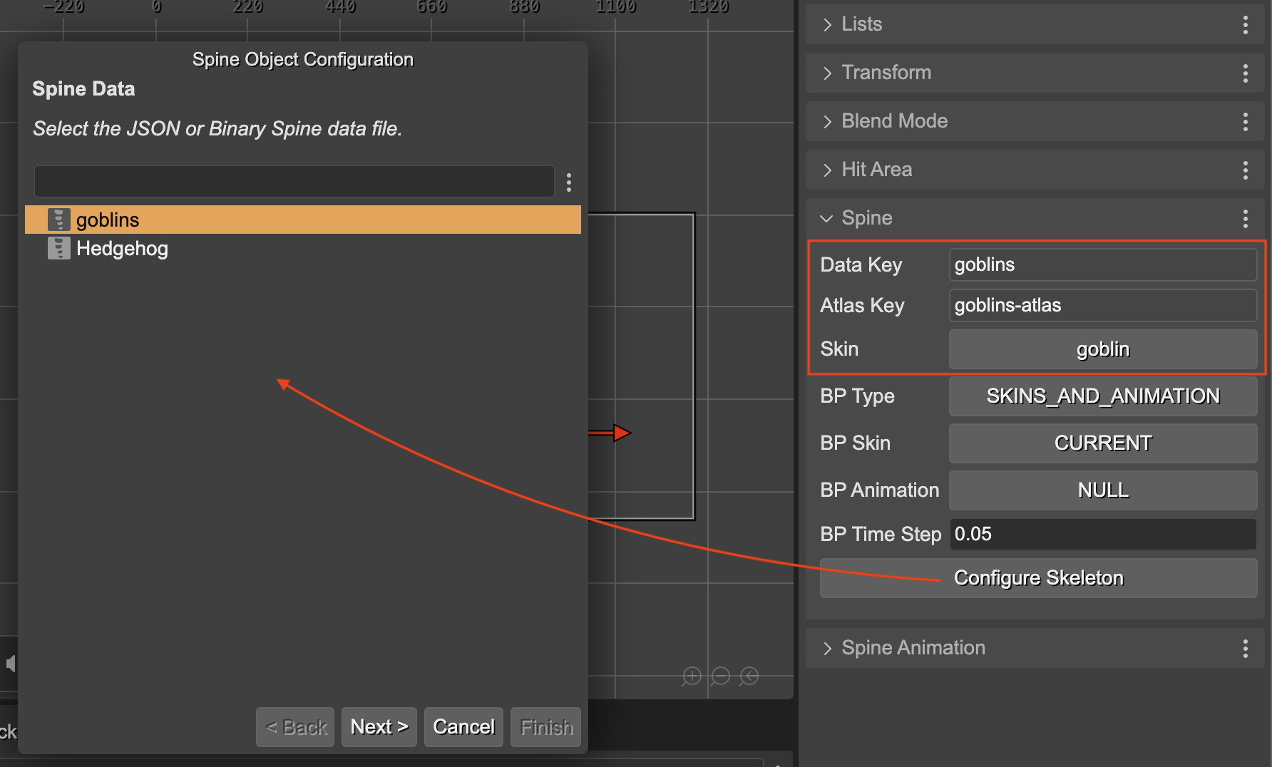 Configuring the skeleton, atlas, and skin of a game object.